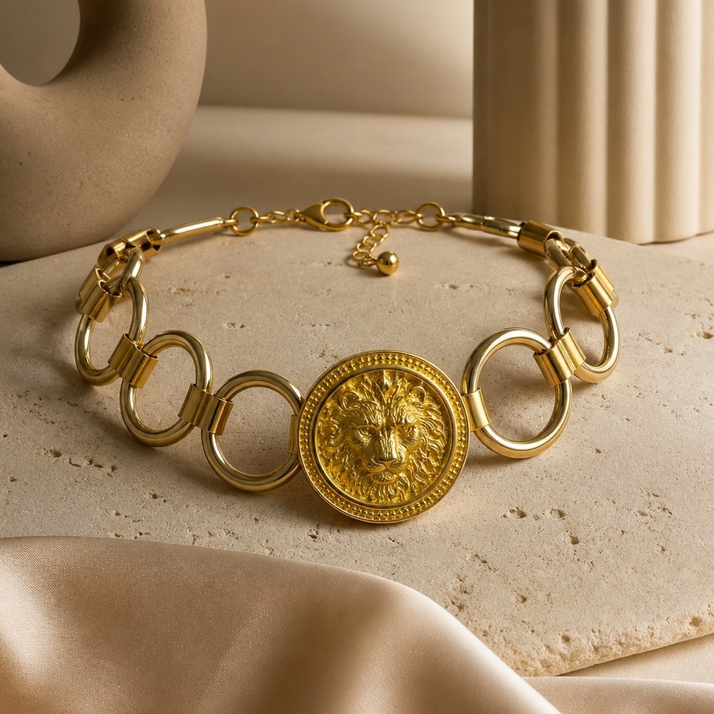 Royal Lion Medallion Choker • Gold Collar • Necklace • Couture Glam Chain 13-16